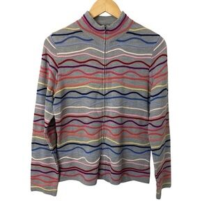 Coldwater Creek Full Zip Cardigan Sweater Wavy Stripes Sz M Artsy Colorful Knit
